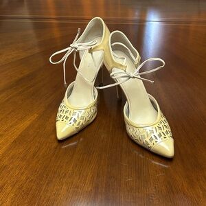 Saks Fifth Avenue Nude Lace-Up Heels, laser cut pattern, 4” heel, ankle tie sz 8